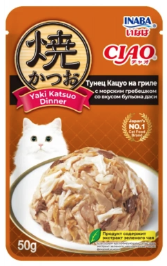 Inaba CIAO Yaki Katsuo Dinner влажный корм для взрослых кошек Тунец Кацуо на гриле с морским гребешком со вкусом бульона даси (пауч)