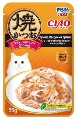 INABA Ciao Yaki Katsuo Dinner влажный корм для взрослых кошек Тунец Кацуо на гриле/Гребешок/Кацуобуси (пауч)