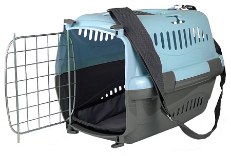 Купить СКИДКА zooexpress переноска "Турне" для собак и кошек с металлической дверцей, ковриком и ремнем, голубая
