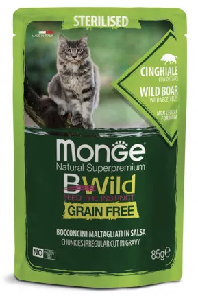 Купить monge cat bwild grain free влажный беззерновой корм для стерилизованных кошек с мясом дикого кабана и овощами (пауч)