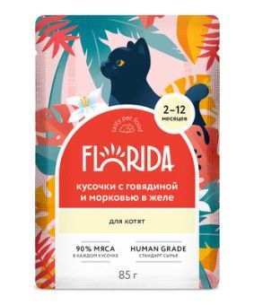 FLORIDA влажный корм для котят с говядиной и морковью, кусочки в желе (пауч)