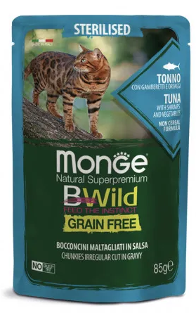 Купить monge cat bwild grain free влажный беззерновой корм для стерилизованных кошек с тунцом, креветками и овощами (пауч)