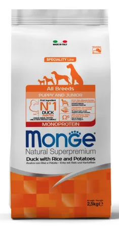 Купить monge dog speciality line monoprotein сухой корм для щенков с уткой, рисом и картофелем
