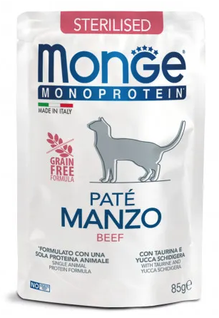 Купить monge cat monoprotein влажный корм для стерилизованных кошек с говядиной (пауч)