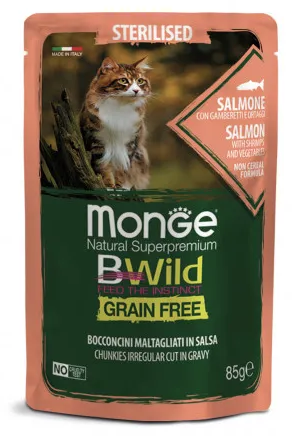 Купить monge cat bwild grain free влажный беззерновой корм для стерилизованных кошек с лососем, креветками и овощами (пауч)