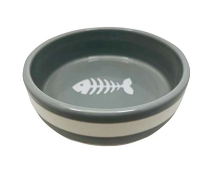 Купить №1 миска для кошек серая, керамическая, с белой рыбкой