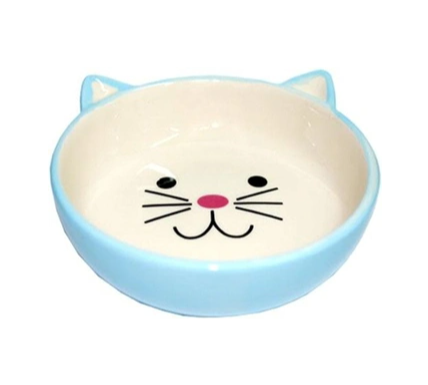Купить №1 миска для кошек голубая керамическая в форме мордочки кошки