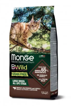 Купить monge cat bwild grain free сухой беззерновой корм для крупных кошек с мясом буйвола