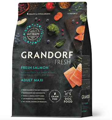 Grandorf FRESH сухой беззерновой корм для взрослых собак крупных пород с живыми пробиотиками, лосось с бататом