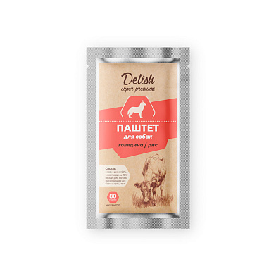 Delish super premium влажный корм для собак (паштет) говядина, рис (пауч)