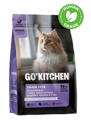 GO'KITCHEN Сухой Беззерновой корм для котят и кошек всех возрастов с курицей, индейкой, лососем и уткой, GRAIN FREE 4 Meat Recipe