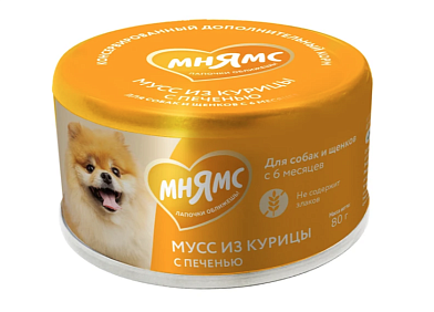 Мнямс консервы для собак и щенков старше 6 месяцев мусс из курицы с печенью