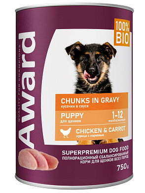 Award консервы для щенков кусочки с курицей и морковью