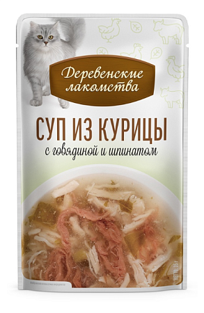 Купить Деревенские лакомства набор паучей для кошек Суп из курицы с говядиной и шпинатом 4х35