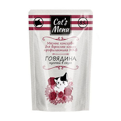 Cat`s Menu влажный корм для взрослых кошек с говядиной кусочки в соусе профилактика МКБ (пауч)