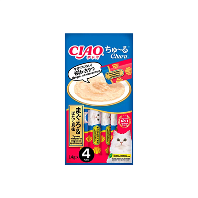 Inaba Ciao Churu лакомство-пюре для взрослых кошек с тунцом Магуро и морским гребешком