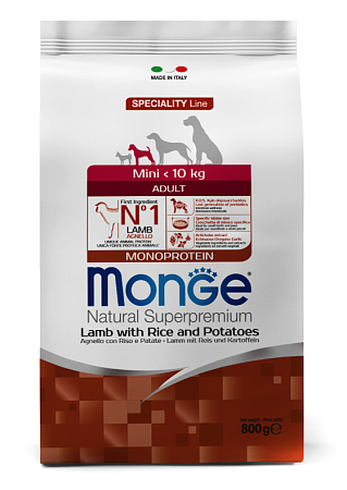 Купить monge dog speciality line monoprotein mini сухой корм для взрослых собак мелких пород из ягненка с рисом и картофелем