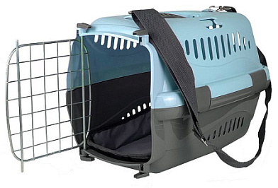 СКИДКА ZOOexpress переноска "Турне" для собак и кошек с металлической дверцей, ковриком и ремнем, голубая