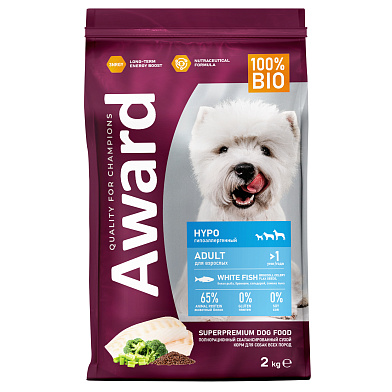 Award HYPO сухой корм для взрослых собак всех пород с белой рыбой с добавлением брокколи, сельдерея и семян льна
