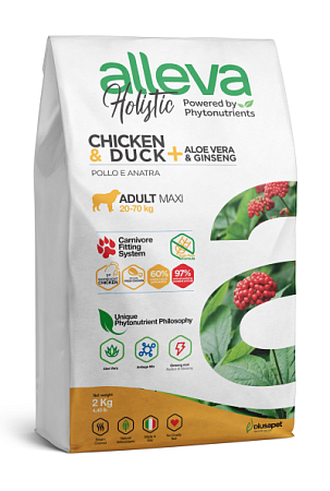 Купить alleva holistic dog корм для взрослых собак крупных пород с курицей и уткой, алое вера и женьшенем