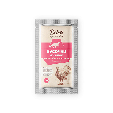 Delish super premium влажный корм для взрослых кошек кусочки с индейкой, овощами и клюквой (пауч)