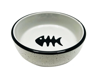 №1 миска для кошек серая, керамическая, с черной рыбкой