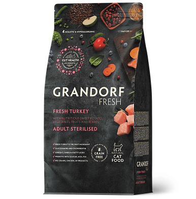 Grandorf FRESH сухой беззерновой корм для стерилизованных кошек с живыми пробиотиками, индейка и батат