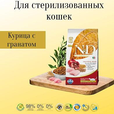 Farmina n&d ancestral grain низкозерновой корм для стерилизованных кошек (курица с гранатом)