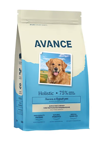 Купить avance adult sensitive сухой корм для взрослых собак всех пород с чувствительным пищеварением с лососем и бурым рисом