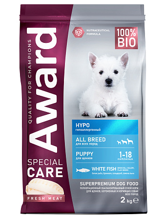 Купить award special care hypo puppy сухой корм для щенков всех пород, склонных к аллергии со свежей белой рыбой