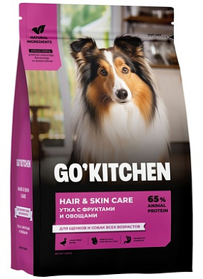 GO'KITCHEN HAIR&SKIN CARE сухой корм для щенков и собак всех возрастов со свежей уткой, фруктами и овощами для кожи и шерсти