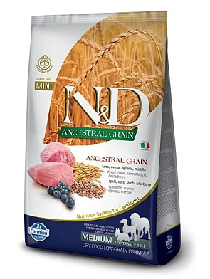 Farmina N&D Ancestral Grain Dog Lamb Blueberry Adult Medium & Maxi сухой низкозерновой корм для взрослых собак средних и крупных пород с ягненком и черникой