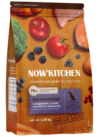 Купить now’ kitchen fresh grain-free senior Беззерновой сухой корм для собак крупных пород старше 7 лет со свежей индейкой, уткой, лососем