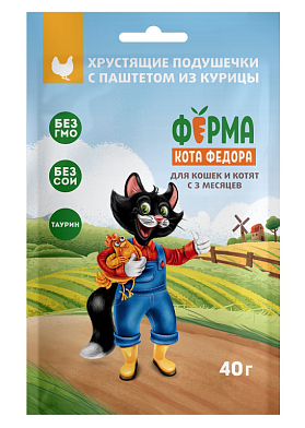 Лакомство Ферма кота Федора хрустящие подушечки для кошек и котят с паштетом из курицы