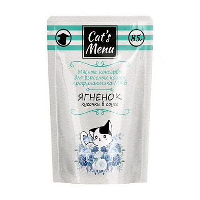 Cat`s Menu влажный влажный корм для взрослых кошек с ягненком кусочки в соусе профилактика МКБ (пауч)
