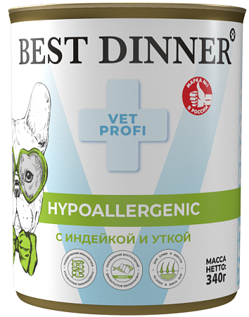 Купить best dinner vet profi hypoallergenic консервы для взрослых собак и щенков с 6 месяцев для профилактики пищевой аллергии с индейкой и уткой