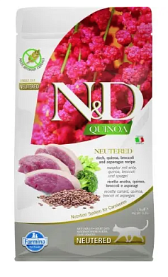 Farmina N&D GF Quinoa Duck, Broccoli & Asparagus Neutered Adult низкозерновой корм для взрослых стерилизованных кошек с уткой, брокколи, спаржей и киноа