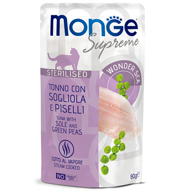 Monge Supreme Sterilized Cat влажный корм для стерилизованных кошек с тунцом, желтоперой камбалой и зелёным горошком (пауч)