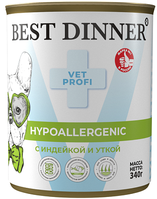 Best Dinner Vet Profi Hypoallergenic консервы для взрослых собак и щенков с 6 месяцев для профилактики пищевой аллергии с индейкой и уткой