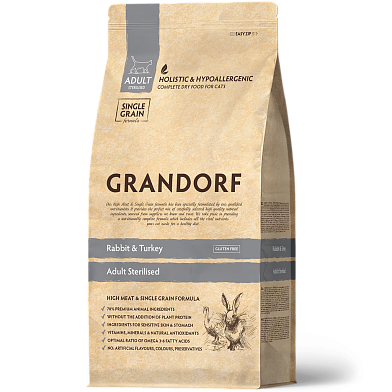 Grandorf сухой низкозерновой корм для стерилизованных кошек с кроликом и индейкой.