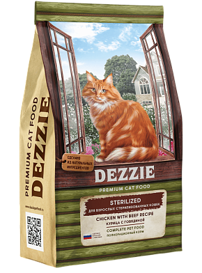 DEZZIE сухой корм для взрослых стерилизованных кошек, курица с говядиной