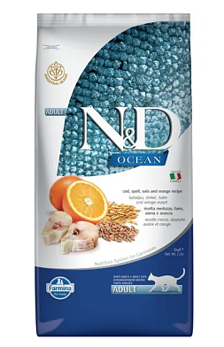 Farmina N&D Ocean Cat Godfish, Spelt, Oats & Orange Adult сухой низкозерновой корм для взрослых кошек с треской и апельсином