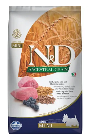 Купить farmina n&d ancestral grain dog lamb blueberry adult mini сухой беззерновой корм для взрослых собак мелких пород с ягненком и черникой