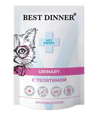 Best Dinner Exclusive Vet Profi Urinary влажный корм для взрослых кошек для профилактики мочекаменной болезни (МКБ), с телятиной, кусочки в соусе (пауч)
