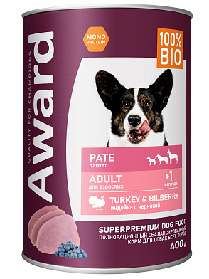 Award консервы для взрослых собак паштет из индейки с черникой