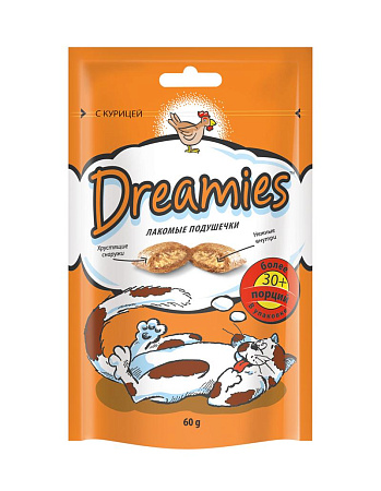 Купить dreamies лакомые подушечки с курицей для кошек