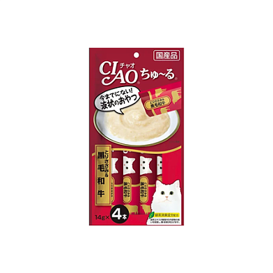 Inaba Чао Чуру лакомства для кошек пюре куриное филе и телятина (черная порода)