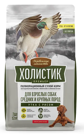 Купить Деревенские лакомства Холистик Премьер сухой корм для взрослых собак средних и крупных пород с уткой и рисом