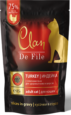 Clan de file пауч для кошек кусочки в соусе, индейка, креветки и семена льна