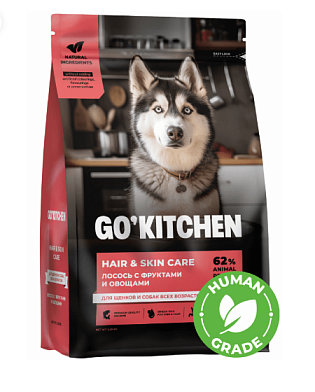 GO'KITCHEN HAIR+SKIN CARE сухой корм для щенков и собак всех возрастов со свежим лососем и овсянкой для кожи и шерсти